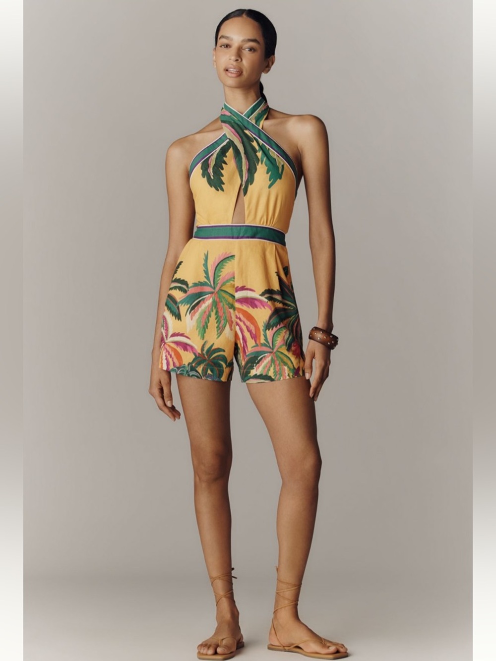 FARM Rio Linen Blend Halter-Neck Romper Tropical Romper w Palm Print New M